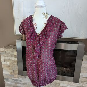George Burgundy Floral Blouse with Ruffles